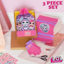 L.O.L. Surprise ! Hat Scarf and Glove Set, Girls, Winter Hats for Toddlers, Bobble Hat LOL Unicorn, Kitty Queen and Queen Bee, Great Gifts for Girls -