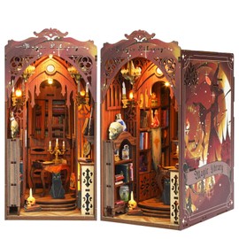 Jioustoy DIY Book Nook Kit for Adult, Booknook Dollhouse Miniature Tiny House Kit 3D Wooden Puzzle Bookend with LED for Bookshelf Insert Decor, Creative Gift for Teens and Adults (Magic Library)