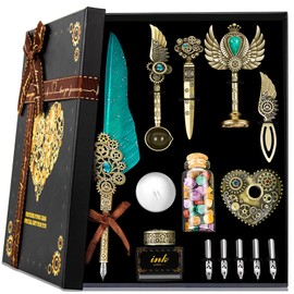 Aifeiter Quill Pen ink Set,Feather Pen Ink Set,Wax Seal Stamp Set,Feather Calligraphy Pen Set,Beautiful Gift Calligraphy Set,Christmas Gifts-green