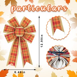 2 Pieces Fall Bows for Wreath, Thanksgiving Wreath Bows Red Orange Buffalo Plaid Bows Autumn Burlap Bows Holiday Decorative Bows for Front Door Fall Thanksgiving Day Decorations