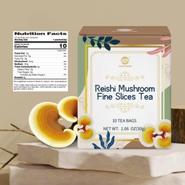 GANOHERB Reishi Mushroom Fine Slices Tea, 10 Bags, Adaptogen Ganoderma Lucidum Herbal Tea for Immune Health Boost, Stress Relief, Caffeine-Free, No Sugar, 1.06 OZ