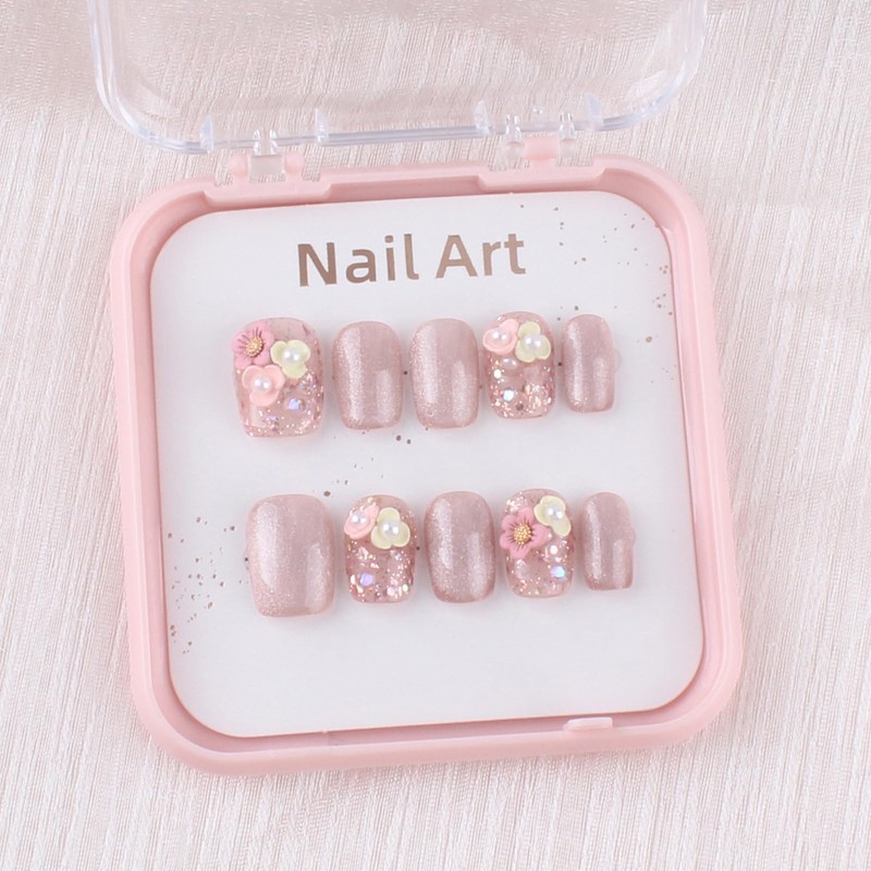 MZCMSL Handmade Nail Tip, Short, Square, Pink, Flowers, Flower Pattern,