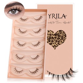 VYRILA Wispy Cat Eye Lashes 0.05mm PBT Fiber 3D False Eyelashes Natural, 0.1mm Invisible Clear Band 12mm Mink Lashes, 5 Pairs Strip Manga Lashes That Look Like Extensions(Joyous-5 Pairs Lashes Pack)