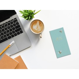 2026 Slim Week to View Diary - Pale Blue Hardcover Bee Design Pocket Planner - Elegant Bumblebee Gold Detail Weekly Organiser - Work Study Travel Gifting