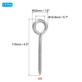 PATIKIL M8x115mm 4pcs 304 Stainless Steel Eye Screw Hook Self Tapping Eye Bolt Wood Fixing Cable Wire for Indoor and Outdoor Use Silver