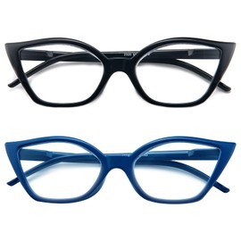 Kodilin Lesebrille für Damen, Anti-Licht, blaues Katzenauge, PC-Brille mit Federscharnier, 1.0 1.5 2.0 2.5 3.0 3.5, Schwarz + Blau, Einheitsgröße
