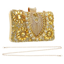 sourcing map Evening Bags for Women, Sparkly Crystal Clutch Purse with Rhinestone Chain Handbags for Wedding Party Evening Weekend, Gold