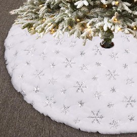 Veroda Christmas Tree Skirt White Plush Sequin Snowflake for Xmas Tree Holiday Party Decorations (90cm, Silver)