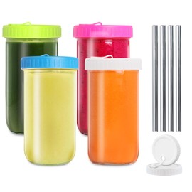 4 Pack Glass Cups Set - 22 oz Mason Jar with Multicolor Lids and Straws, Reusable Iced Coffee Cup Wide Mouth Bubble Cups, Smoothie Bobo Cup, Tumbler Drinking Bottle for Pearl Tea,Juice,Smoothies