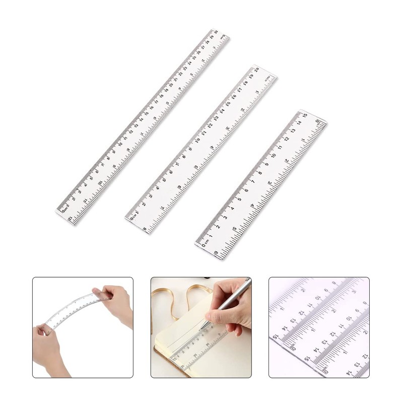 3 Pack Plastic Rulers 15cm 20cm 30cm Rulers Clear Flexible