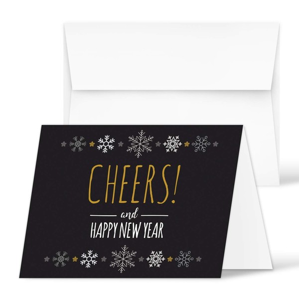 2024 Cheers Happy New Year Greeting Cards – Black and Gold Christmas, New Year's, Holiday Greetings, Invitations, Thank You's, Gifts and Presents – Envelopes Included | 25 per Pack | 4.25 x 5.5