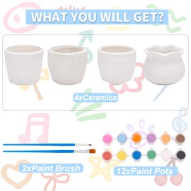 WEBEEDY 4 Sets Ceramic Paint Kit Ceramic Succulent Planters Pots to Paint Figurines Paint Craft Kit Paintable Ceramics Pottery Painting Kit for Gardening Birthday Christmas Gifts Drawing