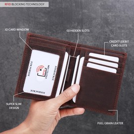 FOXHACKLE Slim Bifold Leather Wallet for Men with Secret Hidden Pocket and Coin Pocket, RFID Blocking Men’s Wallet with Separate Bill Section, Dedicated SIM and Ejector Pin Slot.