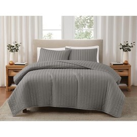 3-Piece Cool Crisp 100% Percale Tight Weave Cotton Quilt Set King Size | Modern Casual Style Vertical Channel Stitch Solid Grey Color Pattern Summer Bedding | Lightweight Polyester Fill Soft Comfy