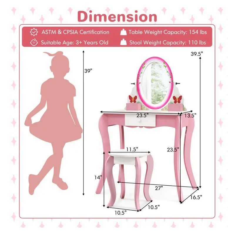 Kids Vanity Table Set With 360 Degree Rotating Mirror And