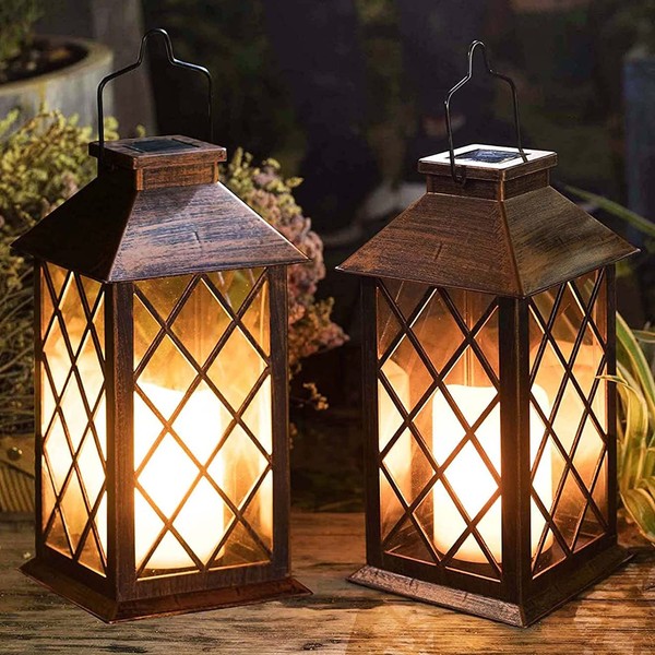 TAKE ME [2 Pack] 14" Solar Lantern Outdoor Garden Hanging Lantern Waterproof LED Flickering Flameless Candle Mission Lights for Table,Outdoor,Party Valentine's Day Gift