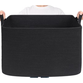 Goodpick Large Woven Storage Basket, 105L Extra Large Blanket Basket for Living Room, Bedroom, Rectangle Cotton Rope Organizer for Toy Storage, 25”x16”x16”, Black