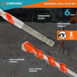 Cortool Masonry Drill Bits Set for Tile, Brick, Cement, Concrete, Glass, Plastic, Cinder Block, Wood, Fully Ground with Carbide Tips and Hex Shank Quick Change (5/32"-3/8" Masonry Drill Bits 7PCS Set)