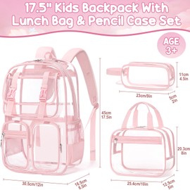 Fimibuke Clear Backpack for Girls - 3 PCS Heavy Duty Kids Clear Bags Schoolbag Large Transparent PVC Bookbag with Lunch Box Pencil Case Set for Travel School Concert Stadium Events Backpacks