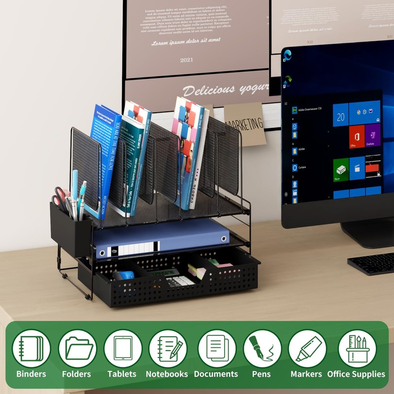 LEKETREE Desk Organizer, Office Organization with Vertical File Holder, File
