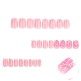 Foccna French White Press on Nails Medium Pink Fake Nails Square Glossy 3D Flower Design False Nail Tips Artificial Nails Finger Manicure for Women and Girls,24pcs