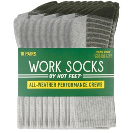 HOT FEET Work Socks for Men - Long Warm Winter Boot Crew Cotton Socks, Cushioned, Moisture Wicking 10-Pack, Size 6-12.5, Olive