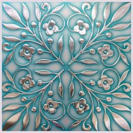 24-Pack of 8 x 8" Wallpaper Tiles for Kitchen Backsplash in Teal and Silver Leaves Design. Peel and Stick Paper Tile Renter Friendly Backsplash. Self Stick Paper Wall Tiles for Your Home