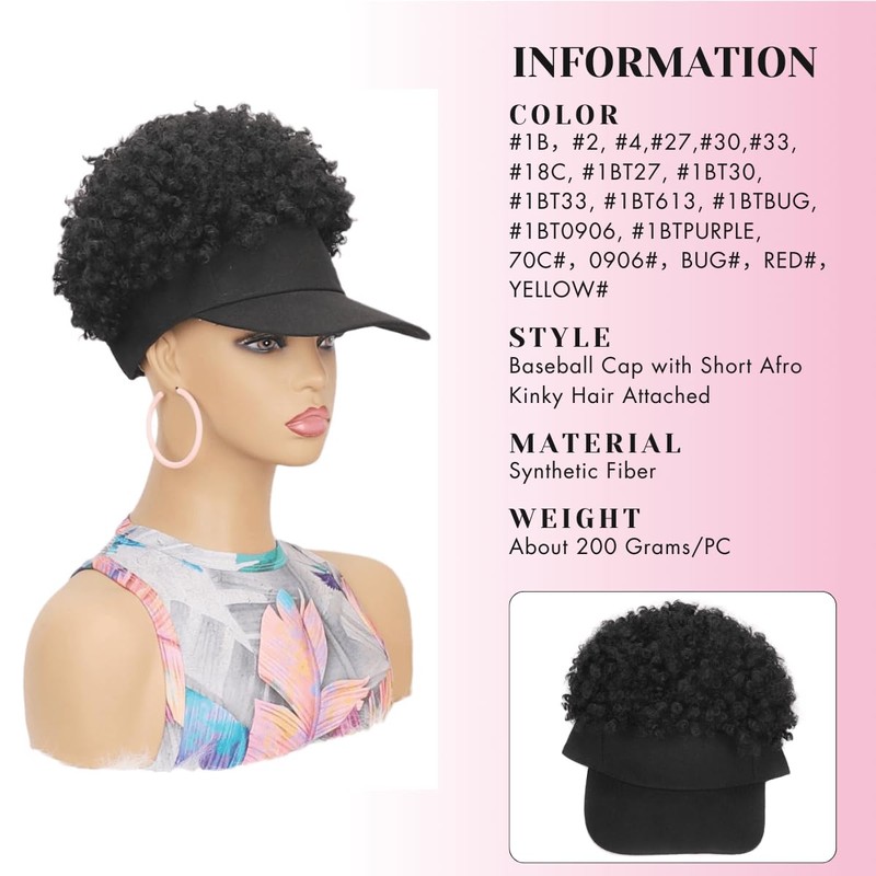 Hat Wig with Afro Kinky Hair Attached - Synthetic Hair