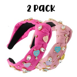 Valentine’s Day Heart Jewel Top Knot Headband | 2 Pack Hot Pink & Light Pink Message Heart XOXO Luv U Rhinestones Crystals Beaded Galentine’s Enamel Heart Charms