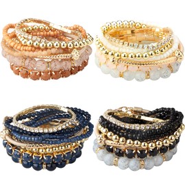 MILACOLATO 4 Sets Stackable Bracelets for Women Girls Multilayer Beaded Bracelets Stretch Bangles Bohemian Style