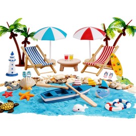 Set di 34 mini paesaggi da spiaggia in miniatura, set di accessori decorativi in miniatura con sedia a sdraio, ombrellone, piccola palma e barca a vela, per giardino Zen fai da te, regalo in denaro e