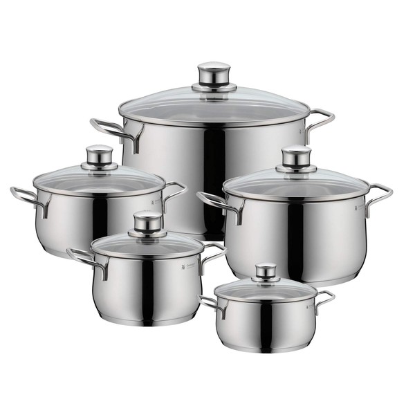 WMF Pot Set 5-Piece Diadem Plus Pouring Rim Glass Lid Cromargan Stainless Steel Polished Suitable for Induction Hobs Dishwasher-Safe