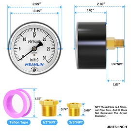 MEANLIN cápsula de diafragma H2O de 0-30 pulgadas, calibre de baja presión, esfera frontal de 2-1/3 pulgadas, medidor de columna de agua ajustable con NPT de 1/4 pulgadas y buje hexagonal NPT de 3/8
