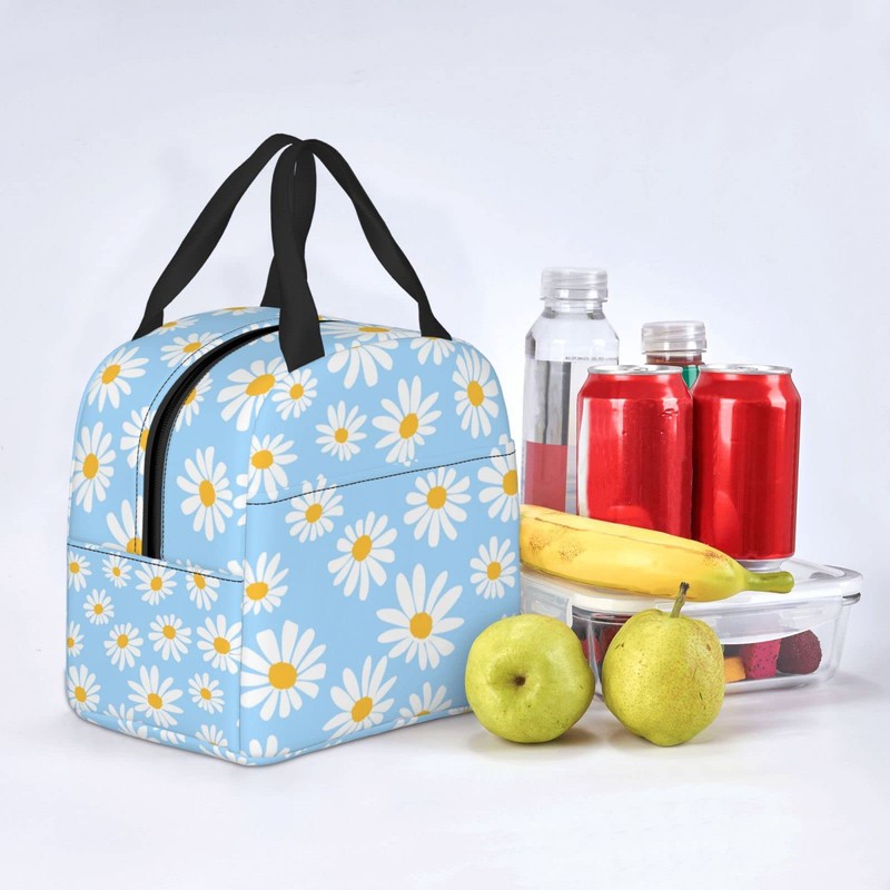 Echoserein Pretty Floral Daisy Light Blue Lunch Bag Insulated Lunch