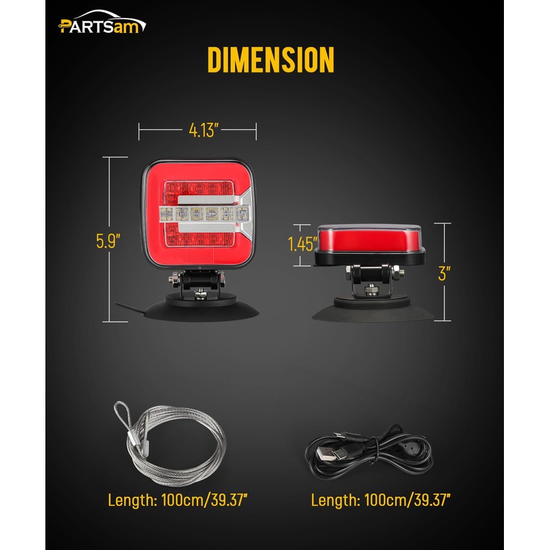 Partsam Wireless LED Trailer Light Kit, Square Portable Magnetic Stop