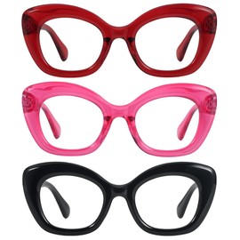 JiSoo Cat Eye Readers for Women Oversized Cat Eye Reading Glasses Designer Cute Cheaters, Black+Red+Pink