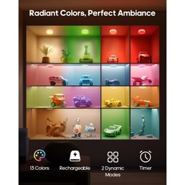 GOODEA.fun Puck Lights with Remote, 13 RGB Colors LED Under Cabinet Light, Rechargeable Battery Operated Under Cabinet Lighting Tap Lights, Stick on Lights with Dimmer and Timer（6 Pack）