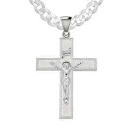 US Jewels Men's 925 Sterling Silver 36mm Thorn Crucifix Cross Pendant 4mm Curb Chain Necklace, 24in