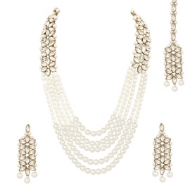 Aheli Ethnic Pearl Layered Bridal Necklace and Earring Set Maang Tikka Indian Bollywood Festive Jewelry Set for Women Girls