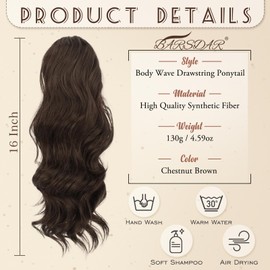 BARSDAR 40 cm Curly Drawstring Ponytail Hairpiece Hair Extension, Wavy Curly Ponytail Extension Synthetic Hairpiece Ponytail Extension for Women and Girls, Chestnut Brown