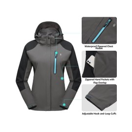 Little Donkey Andy Women's Rain Jacket with Detachable Hood Waterproof Lightweight Breathable Raincoat for Hiking Travel Grey/Black XS