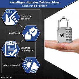 MERCURYAL Combination Lock 4 Digit Padlock - Combination Lock - Lock with Combination Code - Padlock with Combination Code - Combination Lock - Locks for Locker, Shed (Silver, 1)