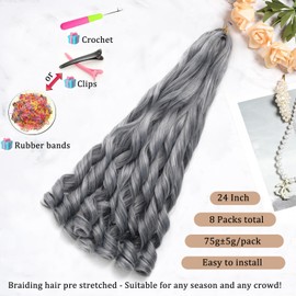 French Curl Braiding Hair 24Inch 8Packs French Curl Crochet Braids Short Curly Crochet Hair Skin-friendly Bouncy Synthetic knotless Braiding Extensions (Gray, 24inch)
