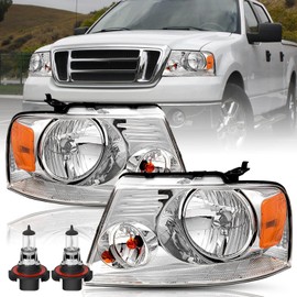 TUSDAR Headlight Assembly Set with Bulbs for 2004-2008 Ford F150 Pickup / 2006-2008 Lincoln Mark LT Driver and Passenger Side, Chrome Housing with Amber Reflector