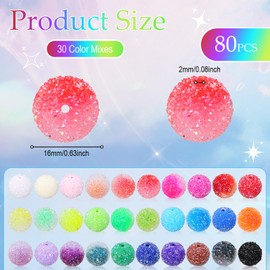 Huquary 80 Pcs Rhinestone Beads for Pens Making Jewelry Sugar Bead for Bracelets Round Disco Ball Bubblegum Mixed Color Round Crystal Beads(Multicolor,16 mm)