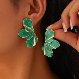 Irregular Flower Earrings Gold Plated Unique Charm Enamel Pink Large Petal Flowers Geometric Chic Stud Earrings for Women Boho Summer Spring Holiday Wedding Bridal Party Trendy Jewelry Gifts (Green)