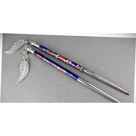 Perfect Hairstyle with Our Hair Accessories - Blue Red Set 2 Dangle Leaf Floral Flower Hair Chop Sticks Picks Pins 6 1/8" Fashionable Hair Accessory Hair Jewelry Accessories for Lady Women