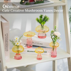 Glasseam Mushroom Plant Propagation Stations: Colored Glass Terrarium Jar Set of 5 Cute Planters for Indoor Plants Mini Propagate Station Unique Christmas Birthday Gifts for Women Home Office Decor