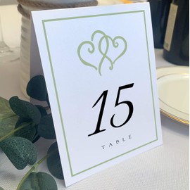 Linked Hearts and Border Wedding Table Numbers (Select Color/Quantity), White, Sage, 1-45, Double Sided, Tent or Use in a Stand, Great for Parties & Restaurants