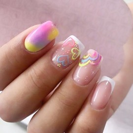 24Pcs Valentine's Day Fake Nails White French Tip Press on Nails Short Square False Nails with Gradient Love Circle Acrylic Nails Colorful Heart Glue on Nails French Stick on Nails for Women Girls